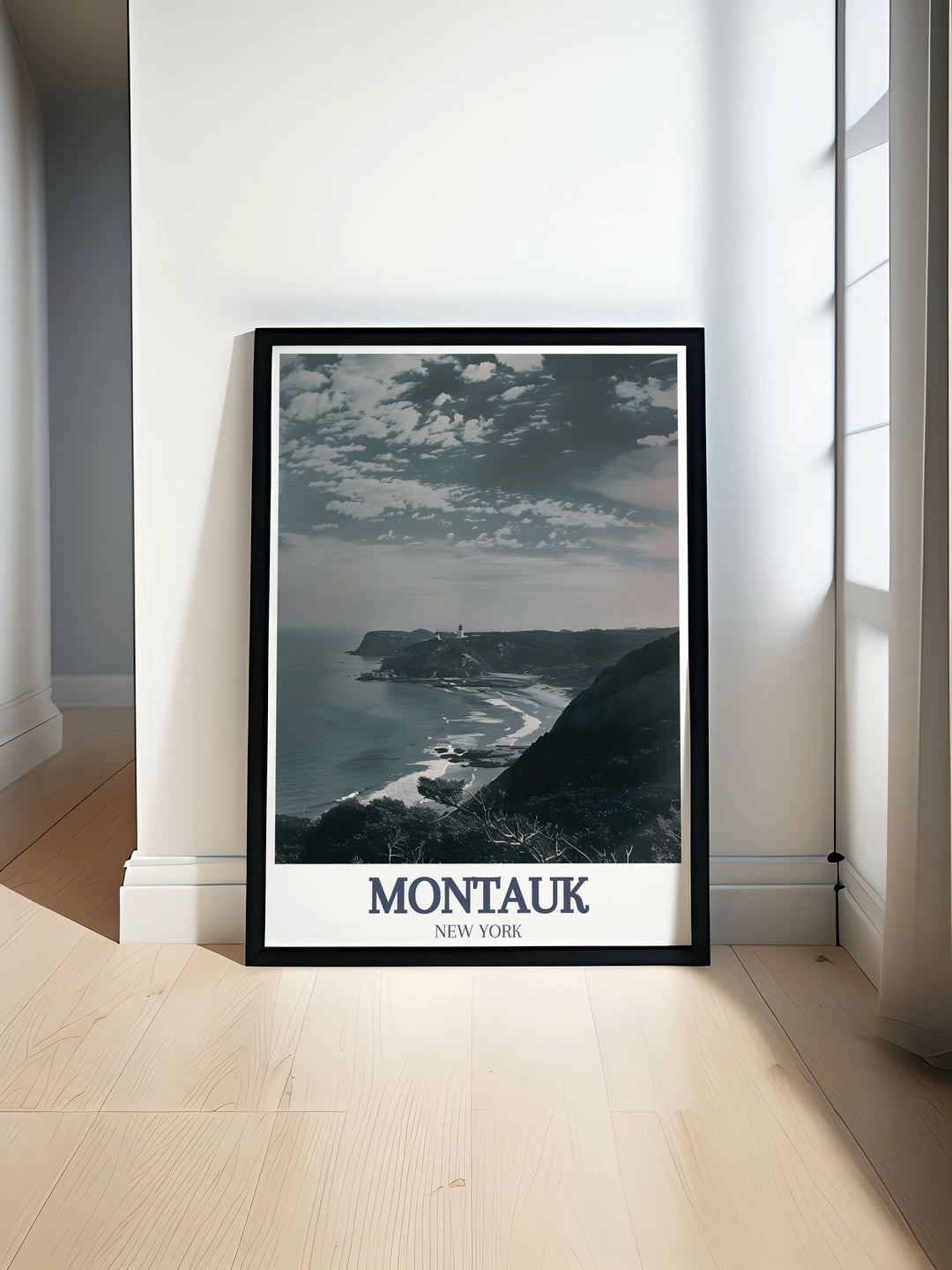 Black and white Montauk Poster Print featuring Montauk Point Lighthouse and Camp Hero State Park ideal for elegant home decor stylish modern art and thoughtful gifts for special occasions