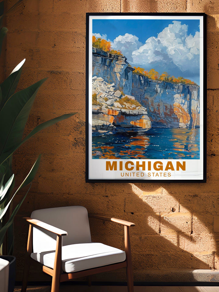 Bright and bold, this Michigan travel print showcases the iconic Pictured Rocks and rolling hills of Leelanau. Its vibrant colors and vintage style make it a stunning choice for any room. This USA canvas art is perfect for adding a piece of Michigans scenic beauty to your home.