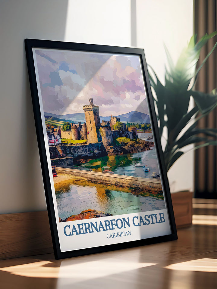 High quality print of Caernarfon Castle, Menai Strait, and Snowdonia Ranger, capturing the stunning landscapes and historical charm of these iconic Welsh landmarks. Ideal for art lovers who appreciate both history and nature.