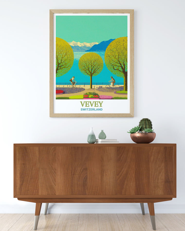 Detailed art print of Vevey, Switzerland, featuring the serene shores of Lake Geneva and the picturesque Vevey Promenade. This Switzerland travel print captures the tranquility of the Swiss town, making it an ideal addition to home décor or as a gift for travelers.