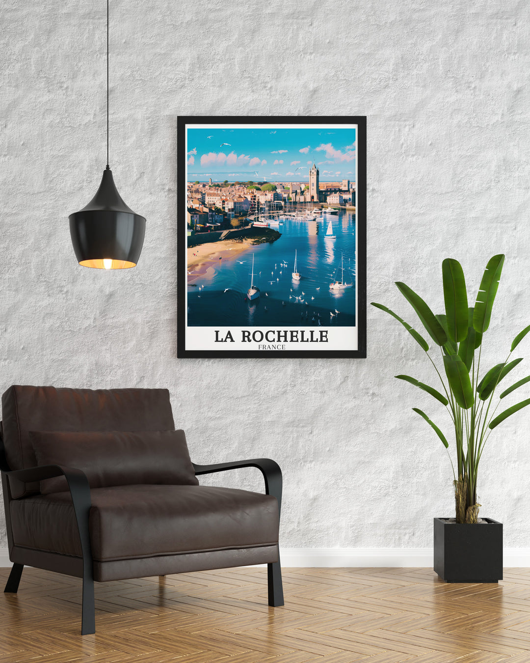 Striking La Rochelle poster highlighting the iconic towers of the Old Port and the peaceful charm of Île de Ré. The print celebrates the unique character of this French coastal region, making it a perfect addition to any travel art collection