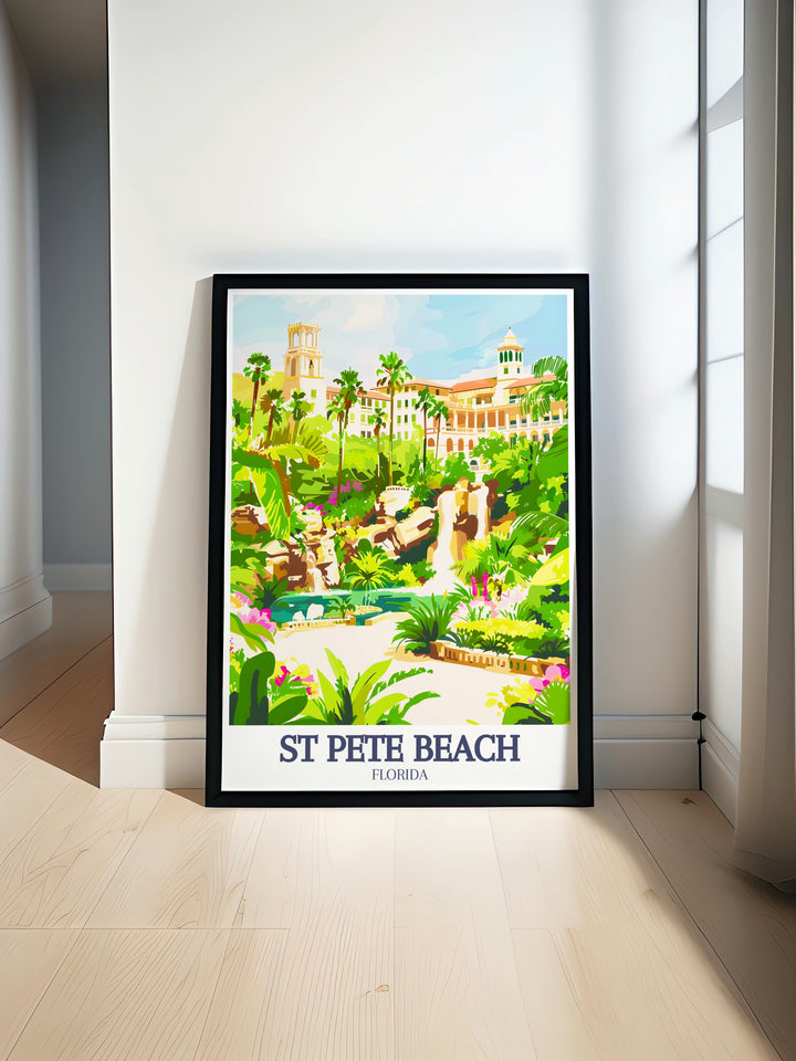 St Pete Beach decor showcasing the beautiful St Pete shoreline and iconic Saint Pete Beach Hotels perfect for adding a touch of coastal charm to your home decor and creating a serene and inviting atmosphere in any room