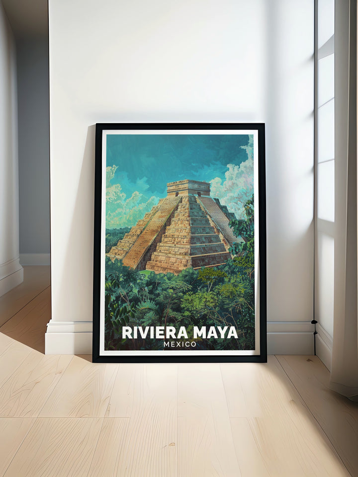 Celebrate the magic of the Riviera Maya with this Mexico wall art, combining the regions stunning beaches and the historical beauty of Chichén Itzá in one captivating piece of art.