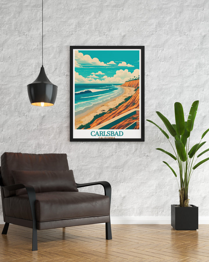 This Carlsbad travel print captures the beautiful Carlsbad State Beach in California, perfect for adding coastal vibes to your home decor. The serene beach scene and gentle ocean waves make this a must have for beach lovers and anyone who appreciates Californias stunning landscapes.