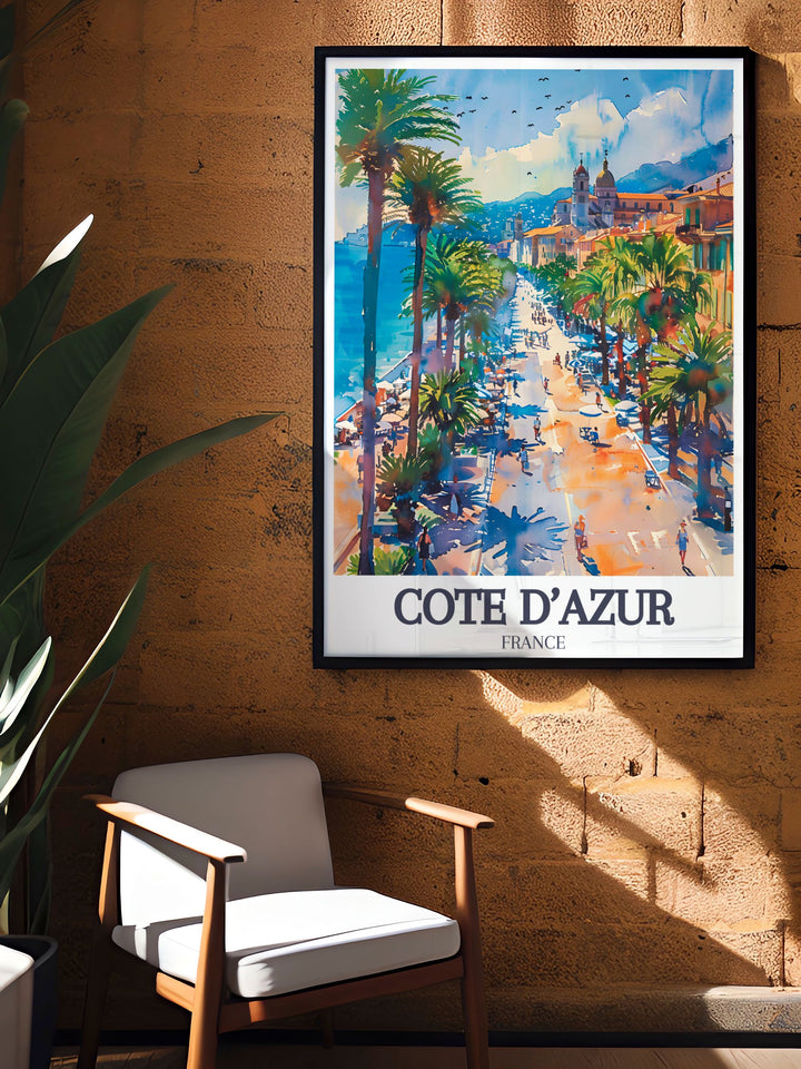 Featuring the Promenade des Anglais and the Mediterranean coastline, this Nice travel print brings the beauty of the Côte dAzur to life. Ideal for home décor or as a gift, this artwork captures the essence of Frances coastal elegance.