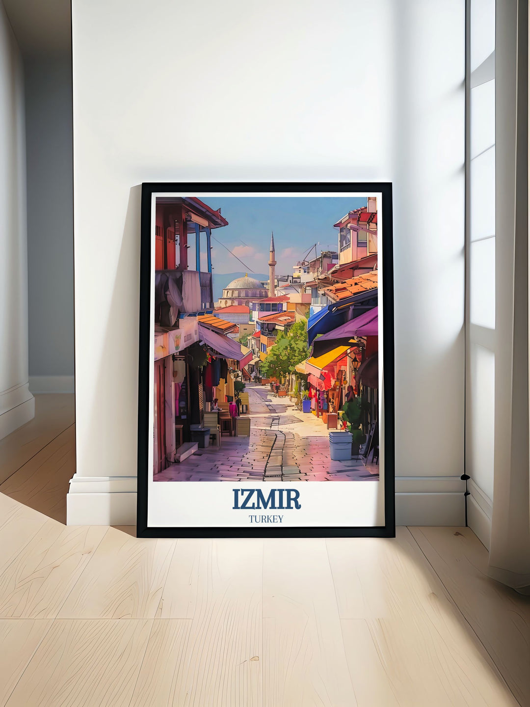 This travel poster vividly depicts the bustling Kemeralti Bazaar and the serene Başdurak Mosque in Izmir, capturing the vibrant and historic essence of these iconic landmarks.