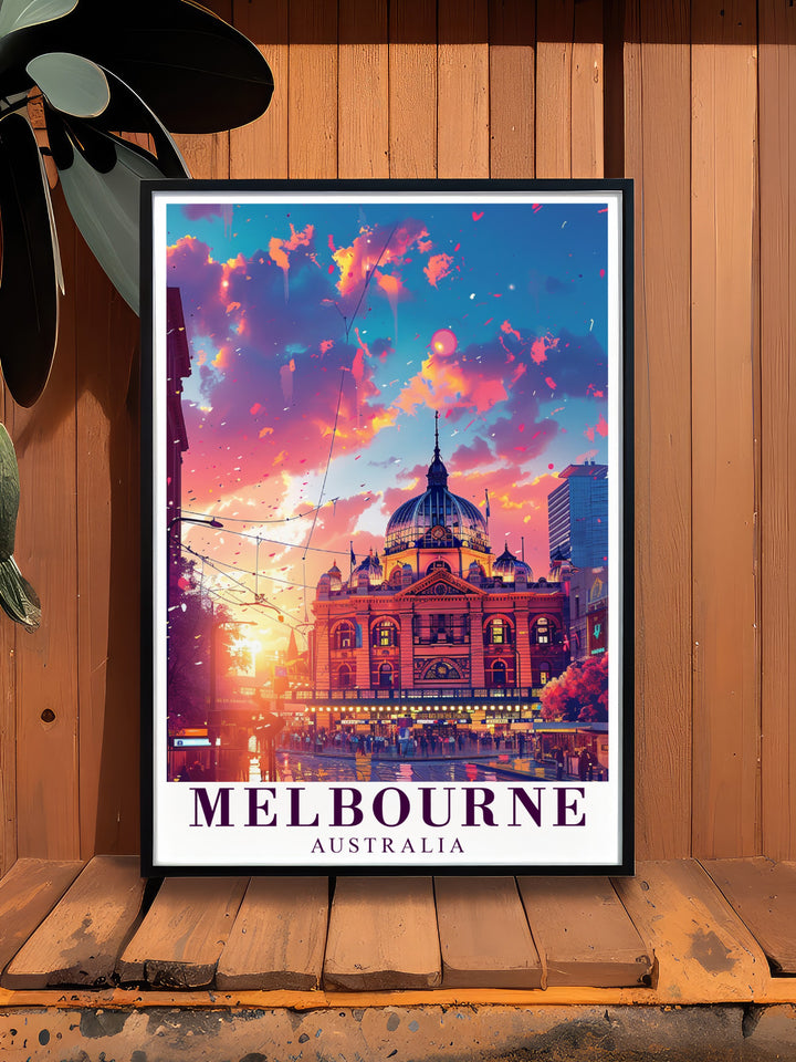 Our Melbourne Travel Print offers a detailed portrayal of the citys most iconic locations, including Flinders Street Station. A beautiful piece of art for those who love both travel and architecture, perfect for adding culture to your home.