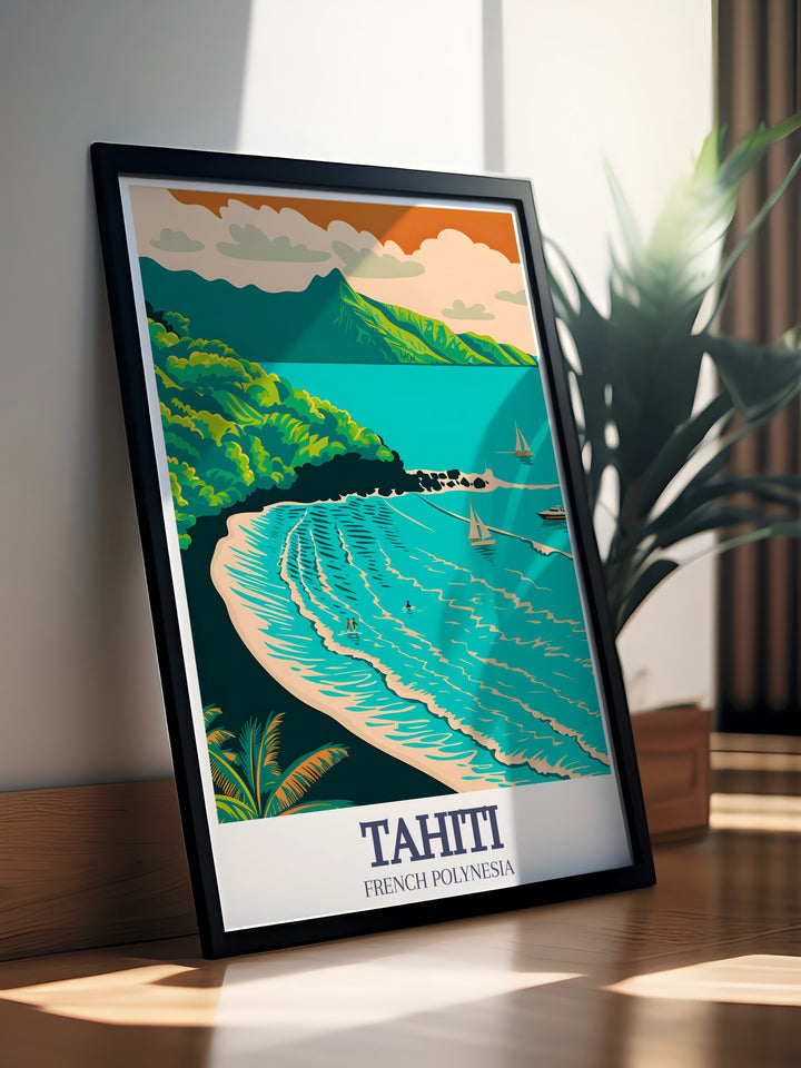 Transform your living room with this Mahina Tahiti North coast art print Featuring the breathtaking landscapes of Tahiti this travel poster is an ideal addition to any modern decor and makes for thoughtful anniversary or birthday gifts