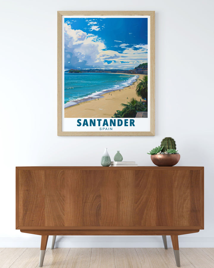 Enhance your living room with Playa del Sardinero stunning prints from Santander offering a perfect blend of modern design and coastal beauty creating an inviting and tranquil atmosphere for your home decor with this elegant piece of Spanish art.