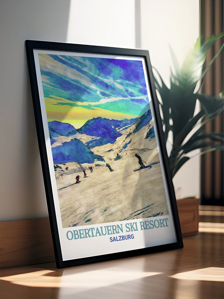 Featuring the breathtaking ski slopes of Obertauern and the charm of Salzburg in the distance, this artwork is a must have for lovers of vintage ski art and alpine scenery.