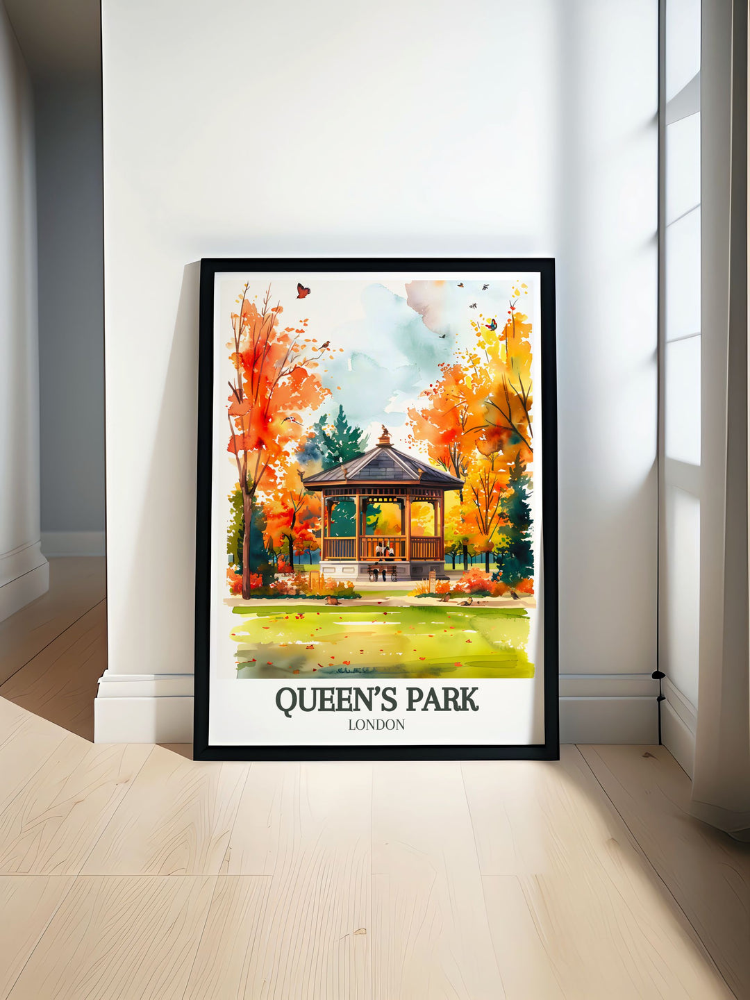 Queens Park Rangers print featuring Queens Park Bandstand and the lush greenery of Queens Park London perfect for fans of vintage London prints and retro poster art