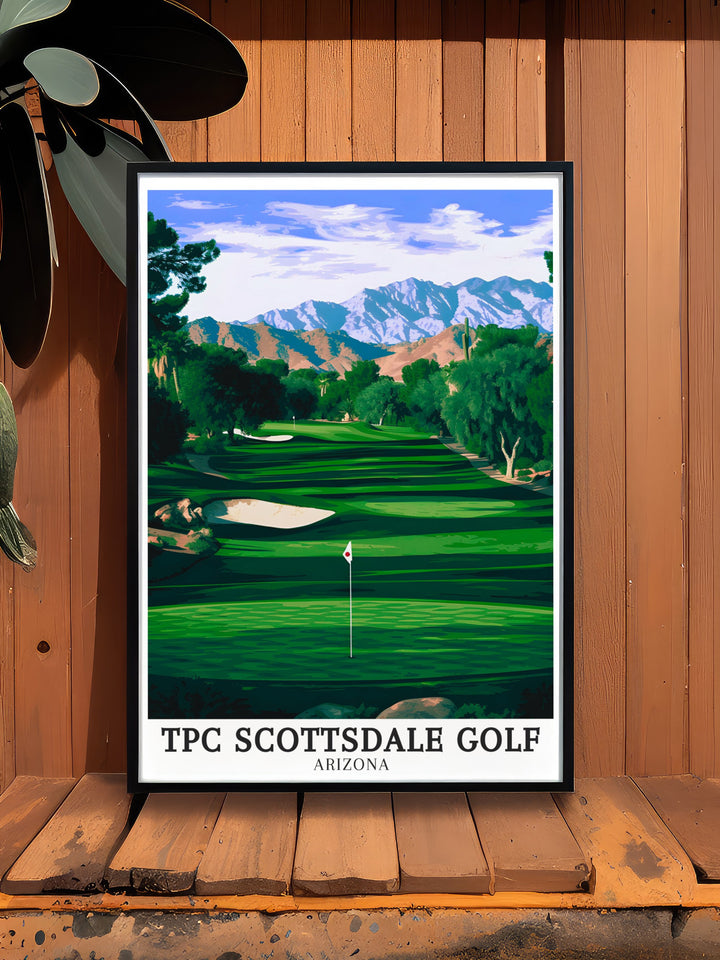 TPC Scottsdale fairways framed art celebrates the beauty and precision of one of Arizonas most renowned golf courses. With immaculate greens and a stunning desert backdrop, this print is a perfect addition to any sports or travel themed décor.