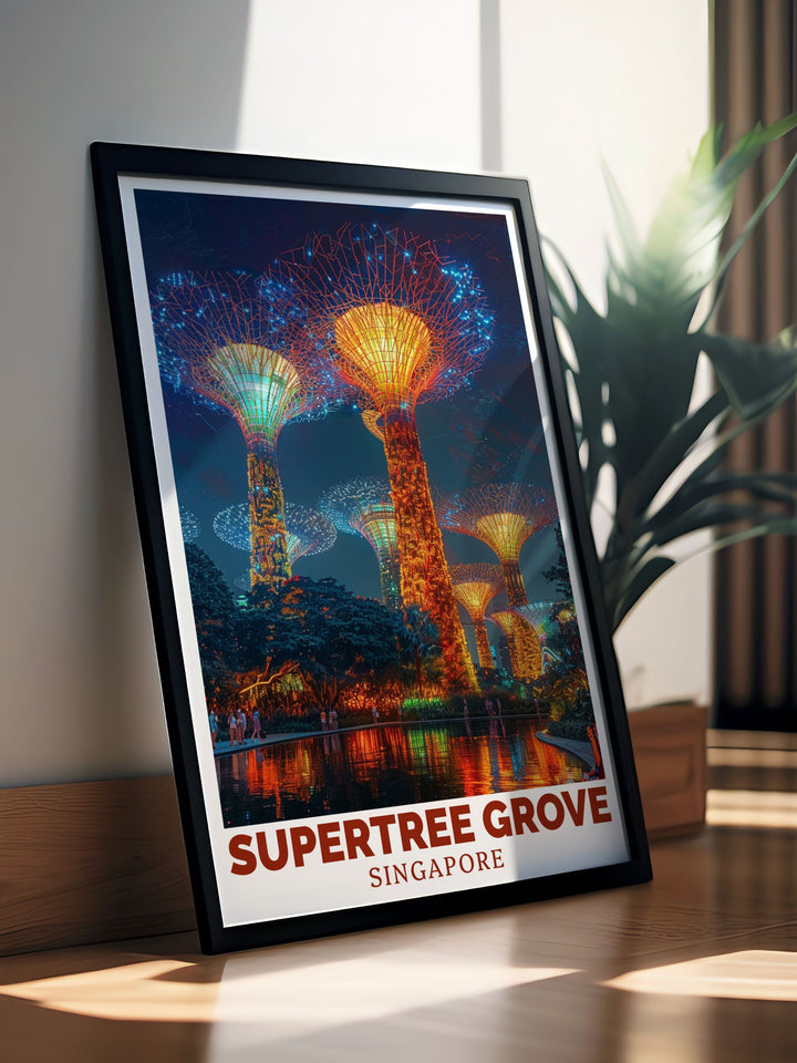 Nighttime Supertree Grove art print showing Singapores illuminated skyline. A perfect addition to your living room decor this stunning artwork captures the magic of Singapore at night and enhances any space with modern elegance.