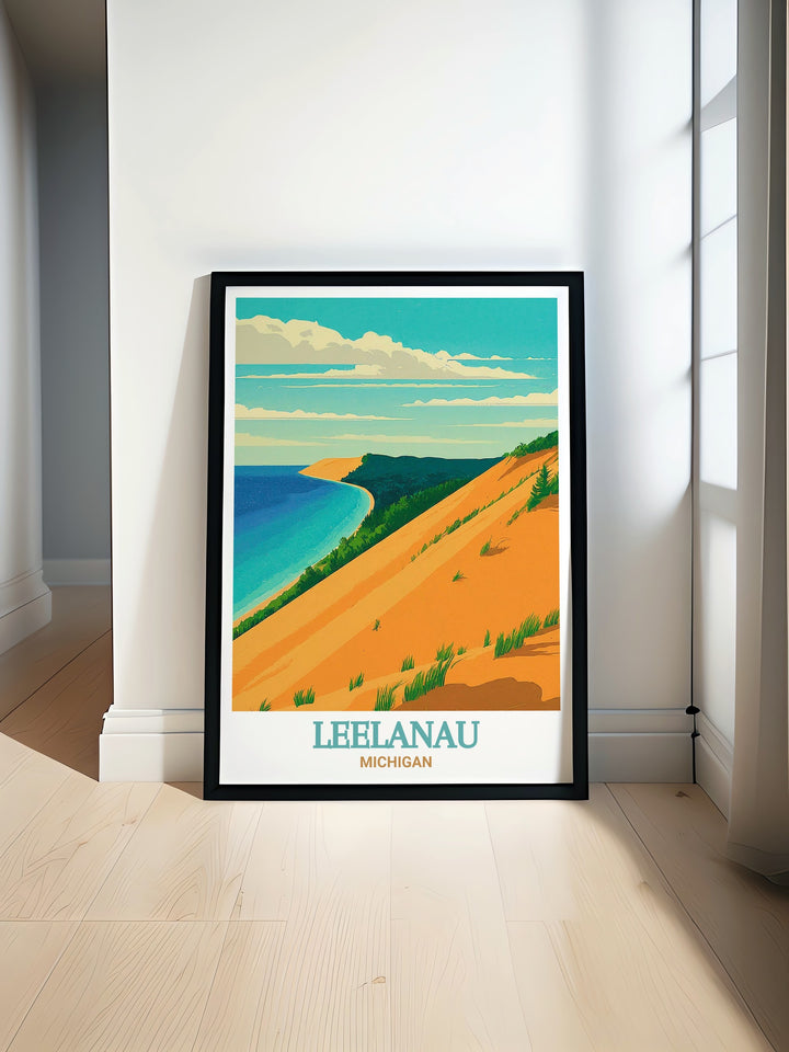 Michigan Vintage Poster reflecting the timeless beauty of Sleeping Bear Dunes and the surrounding Leelanau Peninsula. This vintage inspired poster evokes the nostalgia of Michigans natural wonders, perfect for enhancing your decor with a classic and timeless touch.