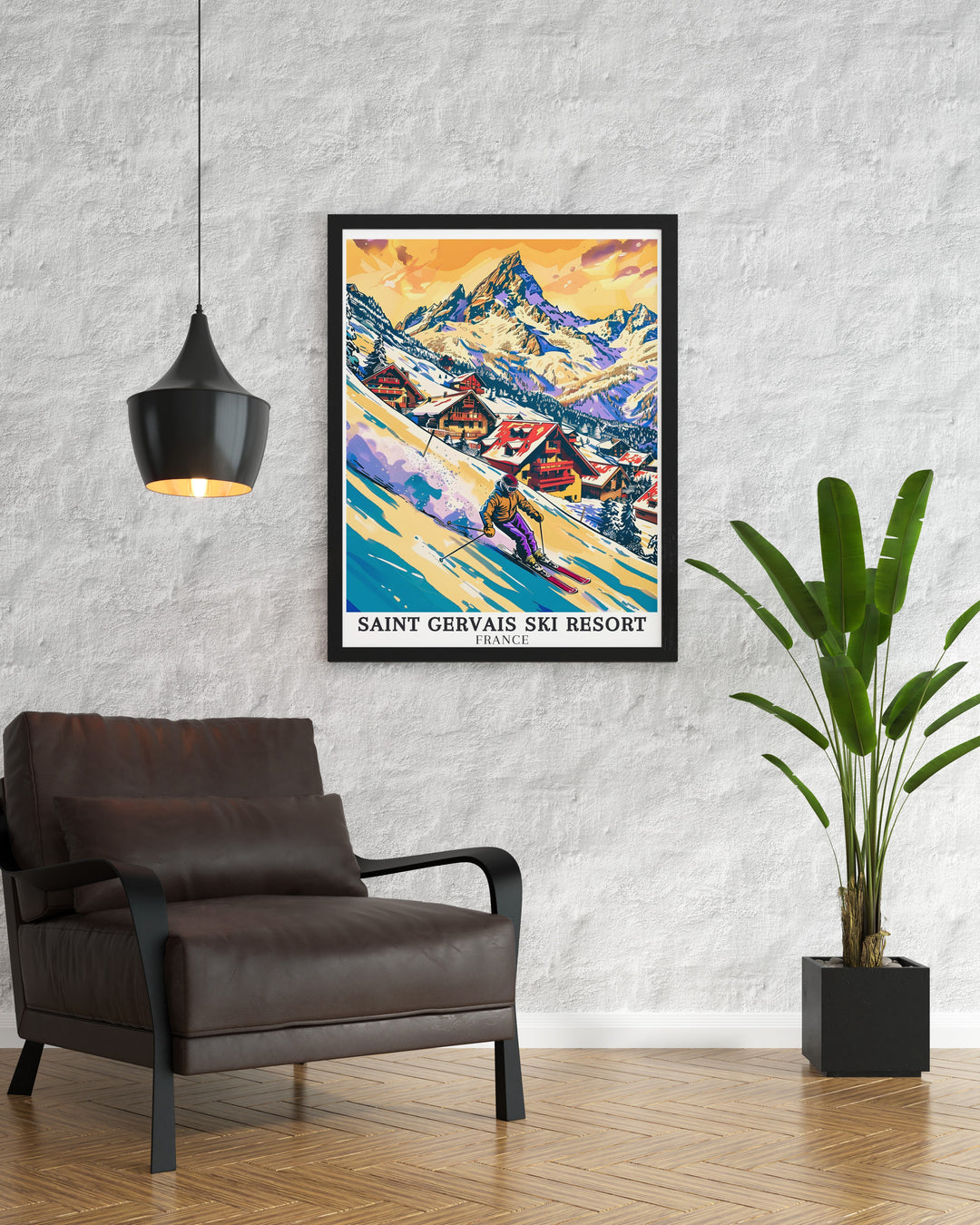 A framed art piece of Saint Gervais, set against the dramatic backdrop of Mont Blanc. This artwork combines elegance with adventure, making it a must have for anyone who has experienced the magic of the French Alps or dreams of doing so.