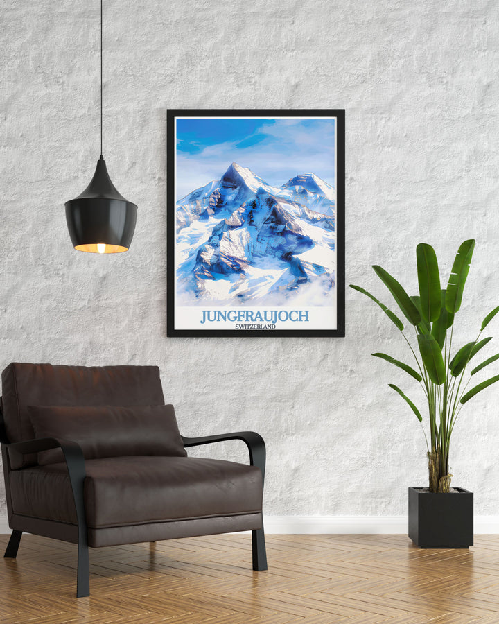 Featuring the panoramic views of Jungfraujoch, this travel poster depicts the awe inspiring heights and the surrounding glaciers, ideal for nature lovers and those who appreciate stunning mountain vistas. The vibrant colors bring the scene to life, making it a captivating addition to any room.