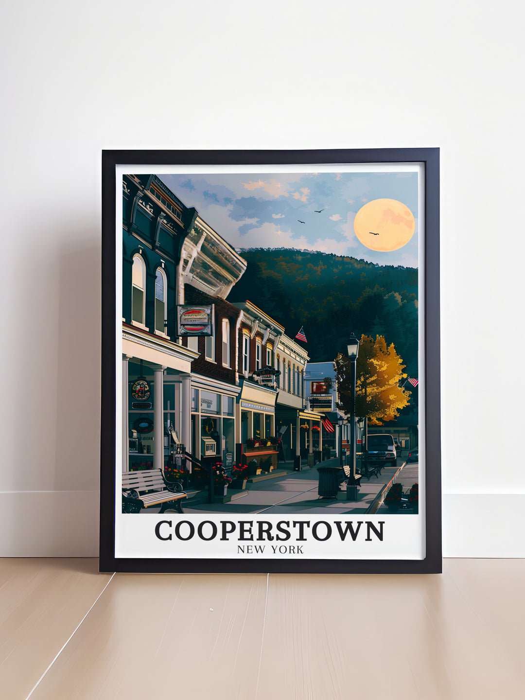 This Cooperstown poster print captures the charm of the towns Main Street. With its vintage look and New York State pride, this artwork celebrates the quaint beauty of downtown Cooperstown, perfect for those who love small town charm.