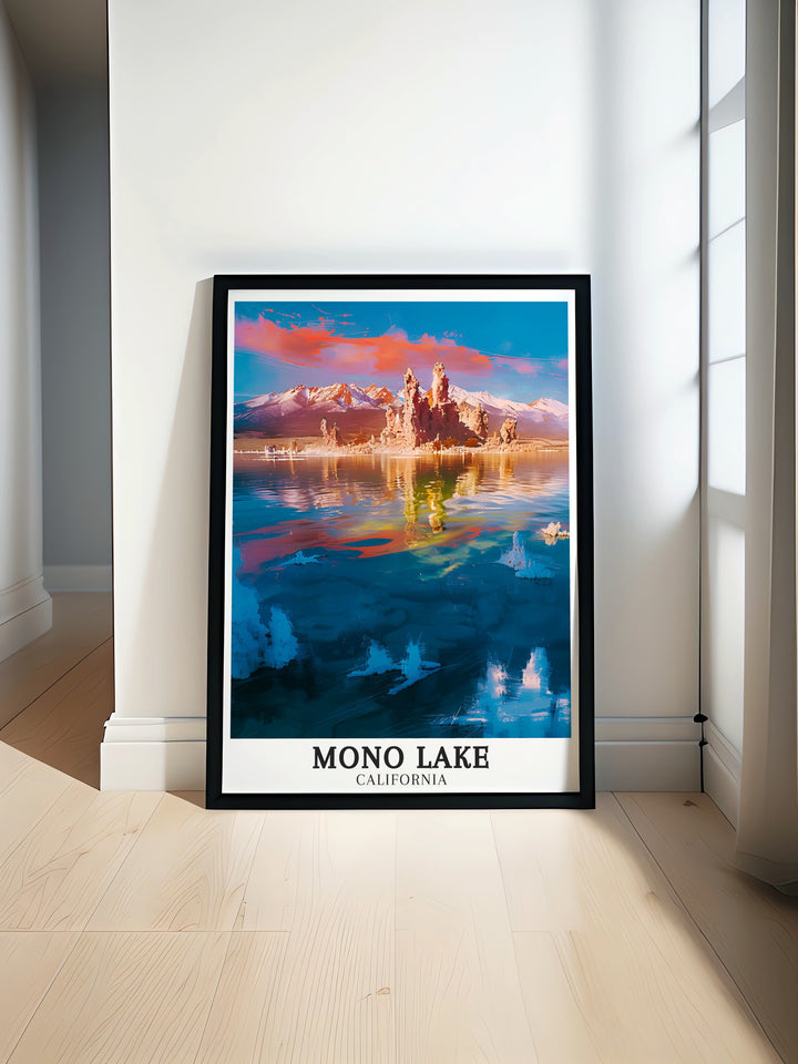 Mono Lake Art Poster showcasing the serene beauty of Sierra Nevada Mountains and Mono County. This California print adds elegance to any room and is perfect for nature lovers seeking stunning decor inspired by California landscapes.