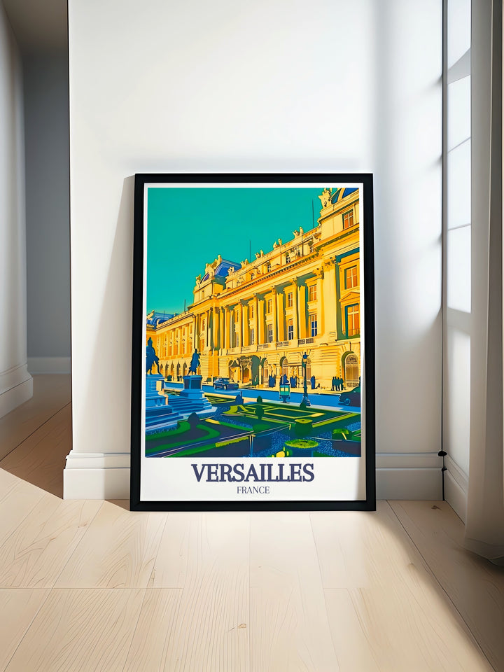 Versailles Travel Poster offering a detailed depiction of the palaces grand architecture and gardens. Perfect for those who love French history or are looking to add a luxurious statement piece to their home decor.