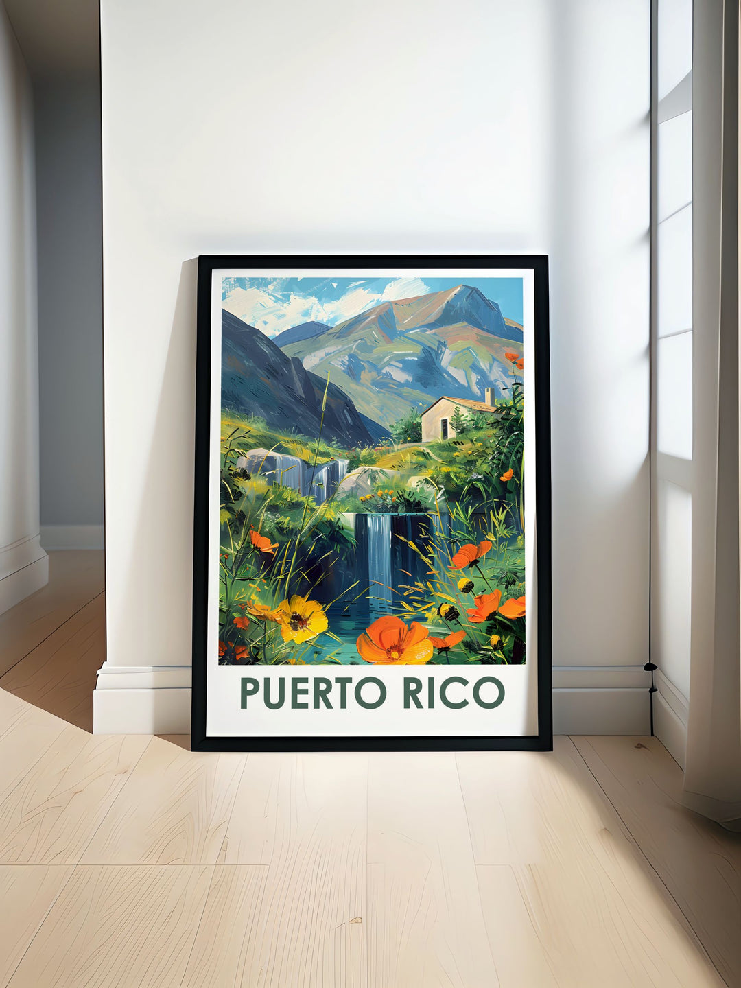 Puerto Rico Poster featuring Arecibo Cityscape and El Yunque National Forest. This travel poster print captures the vibrant colors and intricate details of Arecibo and El Yunque, making it a perfect addition to any home decor and a thoughtful personalized gift.
