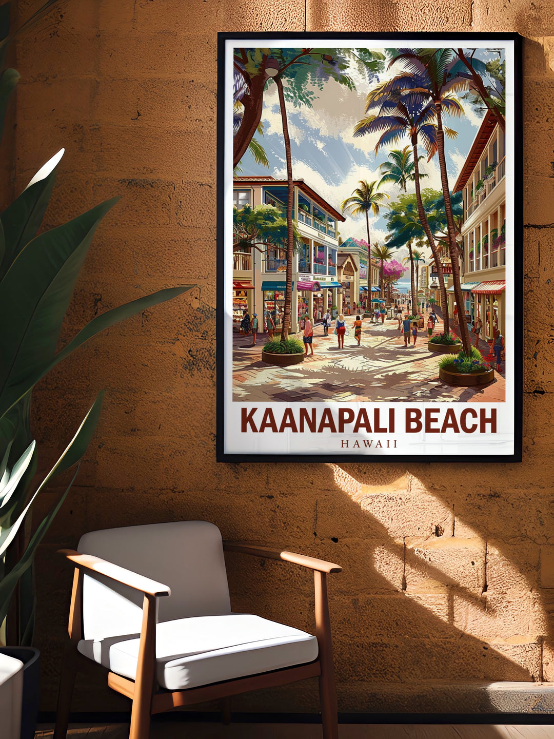 Kaanapali Beach wall poster highlighting the gentle waves and inviting sands of Mauis coastline. The inclusion of Whalers Village adds a touch of cultural history, offering a beautiful reminder of Hawaiis scenic and historical richness for beach house décor enthusiasts.