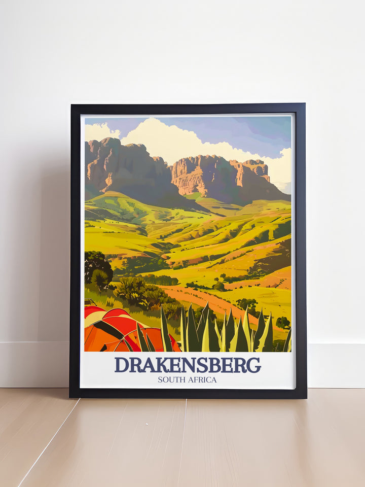 This travel poster showcases the awe inspiring beauty of South Africas Drakensberg Mountains, including the towering peaks of Giants Castle and the scenic views of Royal Natal National Park. A perfect gift for travelers and art lovers alike.