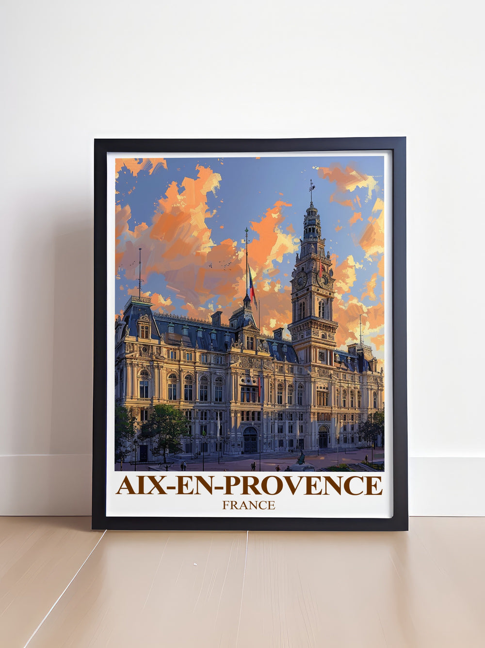 Our travel print of the Hôtel de Ville in Aix en Provence is a celebration of French architectural beauty. Perfect for anyone who loves France or travel art, this poster brings the vibrant spirit of Provence into your home with its rich details and timeless charm.