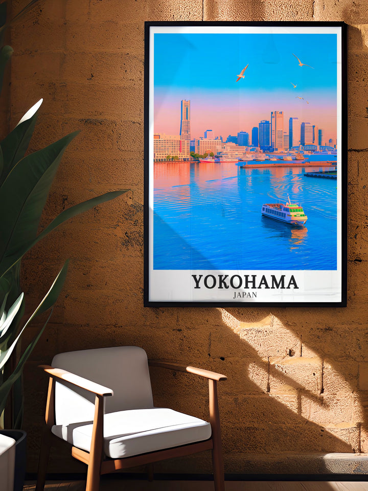 Yokohamas vibrant Minato Mirai district is brought to life in this beautiful print, featuring the iconic Landmark Tower. The artwork showcases the districts blend of contemporary design and cultural landmarks, making it a standout piece for any room. Whether for a home office or living room, this print adds sophistication and a touch of Japan.