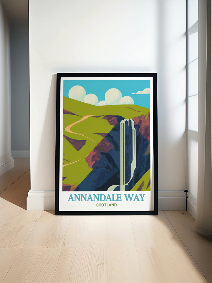 Annandale Way Print featuring Scotlands stunning landscapes including Moffat Hills and Grey Mares Tail perfect for hiking enthusiasts and art collectors this print brings the beauty of Scotlands great trails into your home as a timeless piece of art