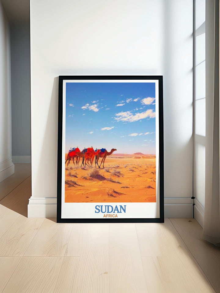 Stunning Khartoum Poster showcasing the vibrant cityscape of Khartoum alongside the serene beauty of Bayuda Desert. Perfect for those who love travel and adventure. Ideal for elegant home decor and personalized gifts. High quality digital download.