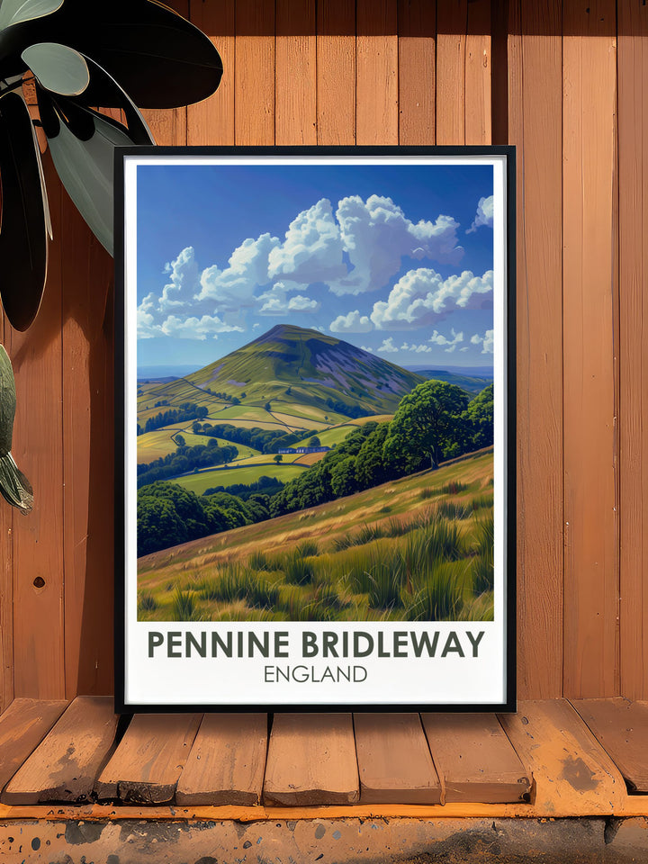 Pendle Hill artwork is a thoughtful gift for nature lovers and hiking enthusiasts. This rambling poster highlights the scenic beauty of the Pennine Bridleway making it an inspiring addition to any room. The gentle slopes of Pendle Hill are beautifully rendered offering a peaceful visual escape