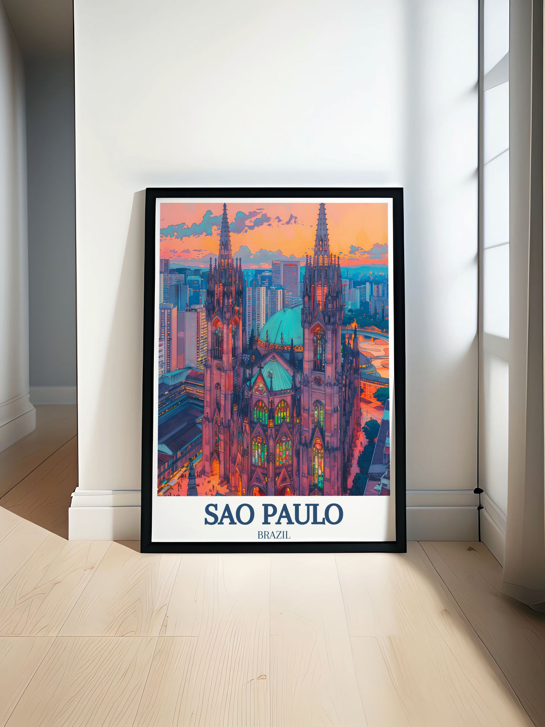 Travel poster of Sao Paulo highlighting the majestic São Paulo Cathedral, capturing the neo Gothic architecture and rich historical significance of Brazils largest church.