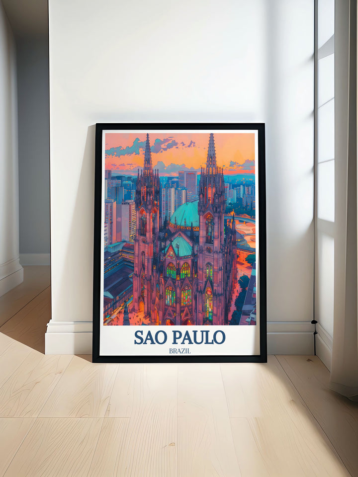 This São Paulo travel print highlights the majestic São Paulo Cathedral and the surrounding Praça da Sé square. The cathedrals towering spires are showcased against the bustling backdrop of the square, making this artwork a perfect addition for lovers of urban landmarks and Brazilian architecture.