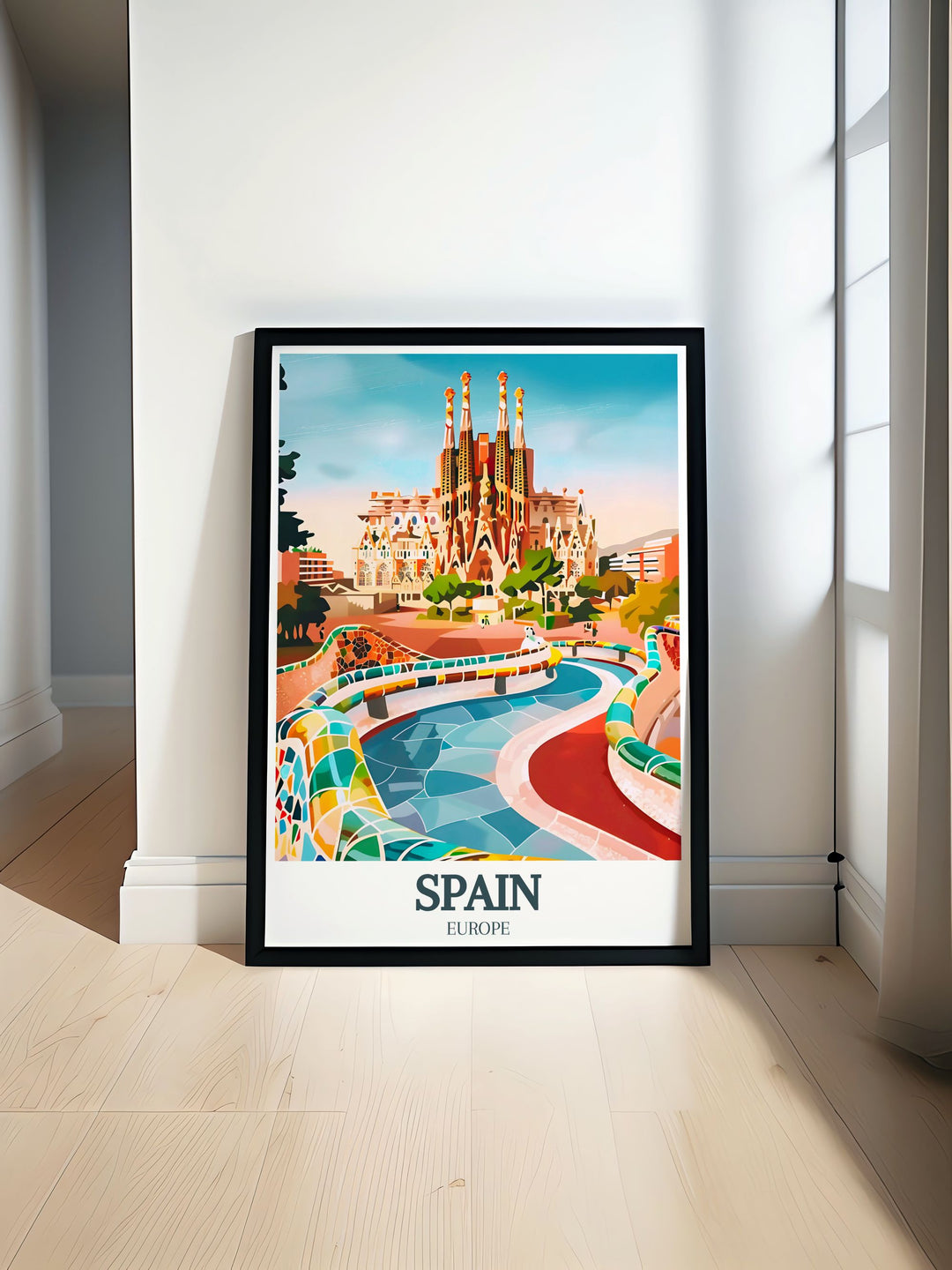 Beautiful Spain poster featuring Sagrada Familia Park Guell and A Coruna ideal for vibrant home decor and unique Spain travel gifts for loved ones