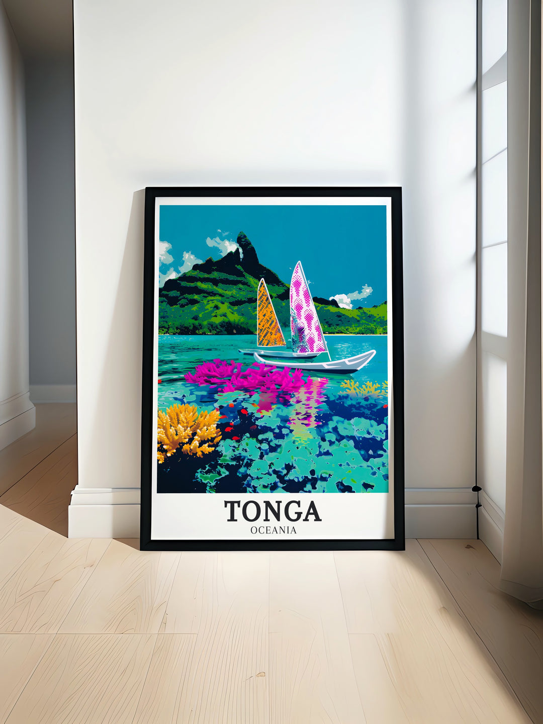 Tongan vaa canoes glide over coral reefs in a vivid coral reef modern print ideal for enhancing any space with tropical elegance and marine charm