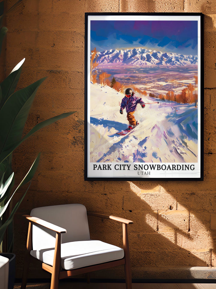 Park City snowboarding art. Capturing the thrill of Park City Mountain Resorts Wasatch Range, these prints bring the excitement of snowboarding into your home. Perfect for winter sports enthusiasts and decor lovers alike.