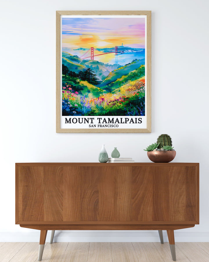 A beautiful art poster showcasing Mount Tamalpais in California with the Pacific Ocean and Golden Gate Bridge in the background. This stunning California artwork is a great gift for travel lovers or anyone looking to elevate their home decor.