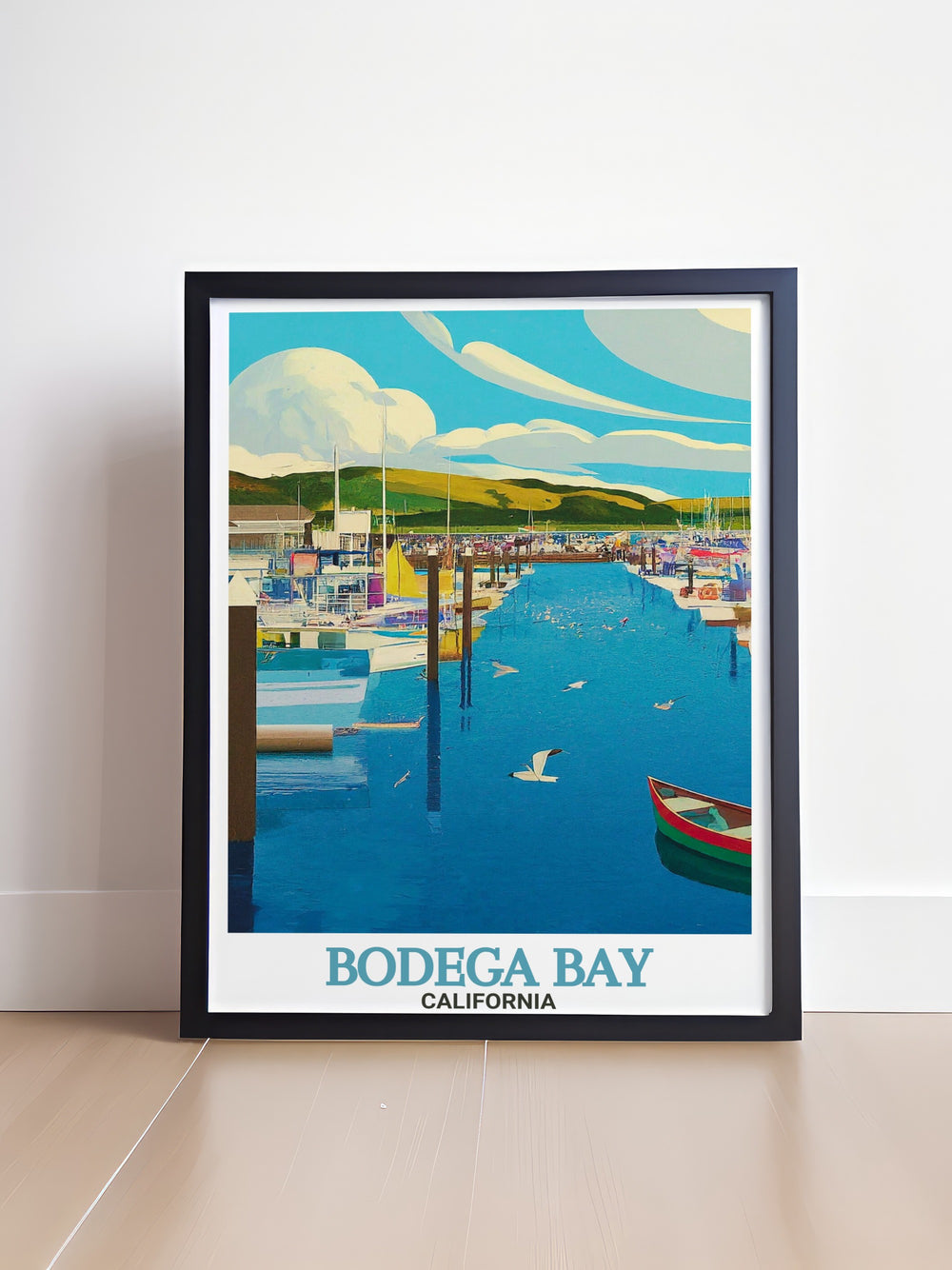 Bodega Bay art print featuring a stunning view of the Bodega Bay Marina. Ideal for adding a touch of coastal California to your living space or office. Great for lovers of California travel and beach destinations.