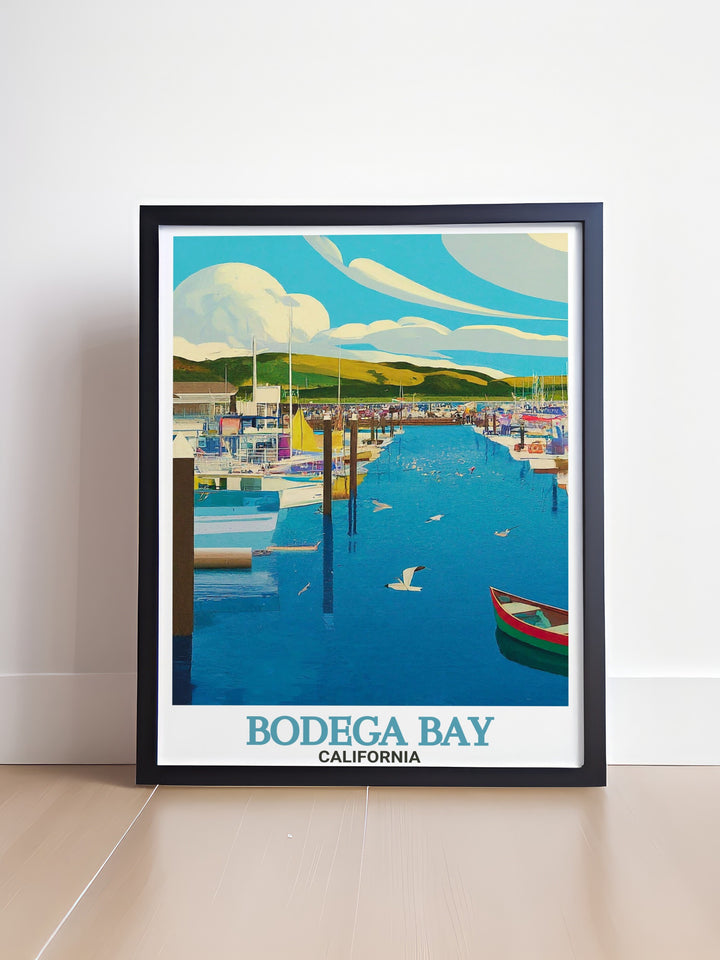 Bodega Bay art print featuring a stunning view of the Bodega Bay Marina. Ideal for adding a touch of coastal California to your living space or office. Great for lovers of California travel and beach destinations.