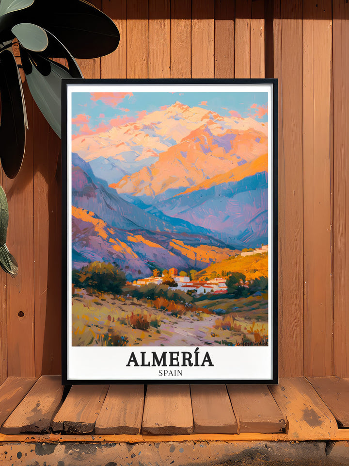 Tabernas Desert framed art capturing the arid beauty of this unique Spanish desert. The artwork celebrates the raw and rugged landscape of Almería, ideal for travelers and those who appreciate the power of nature.