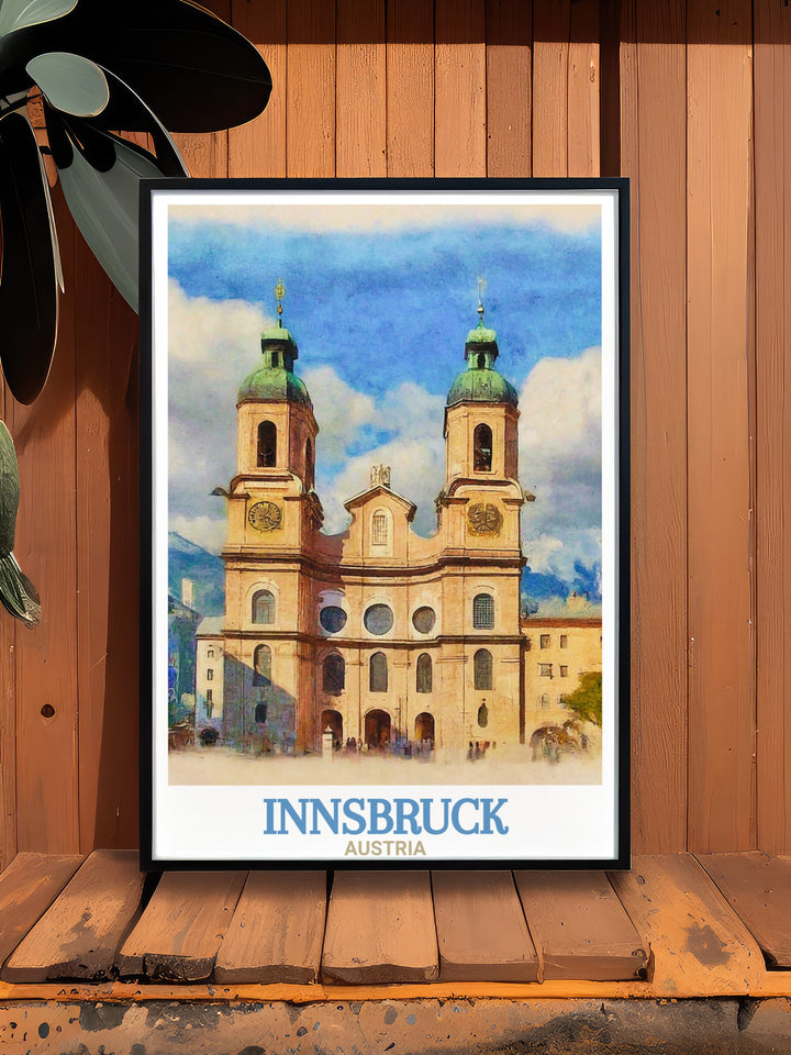 The Innsbruck Cathedral shines in this Austria travel print, a perfect way to celebrate European landmarks. Great as a gift or to elevate your home décor.