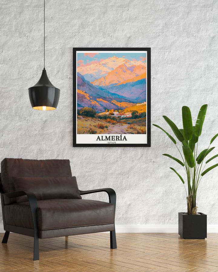 Tabernas Desert travel print showcasing the rugged beauty of Europes only desert in Almería, Spain. This artwork highlights the vast, sun soaked landscape, making it ideal for those who appreciate unique natural wonders.