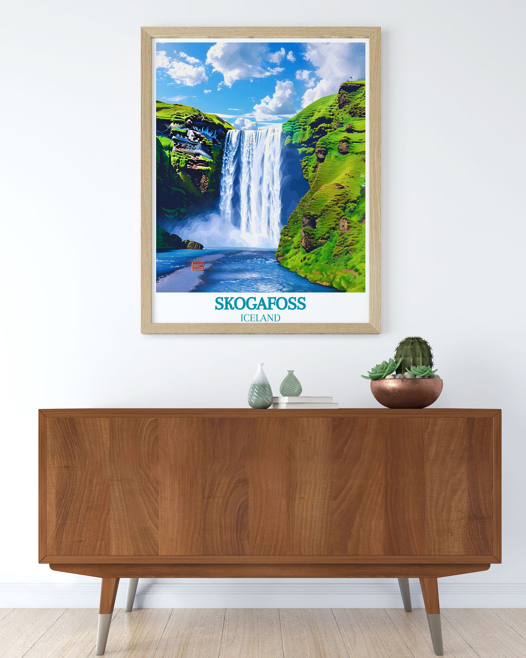 Explore the natural wonder of Skogafoss through this exquisite travel poster, illustrating the dramatic waterfall and the scenic beauty of the Icelandic countryside.