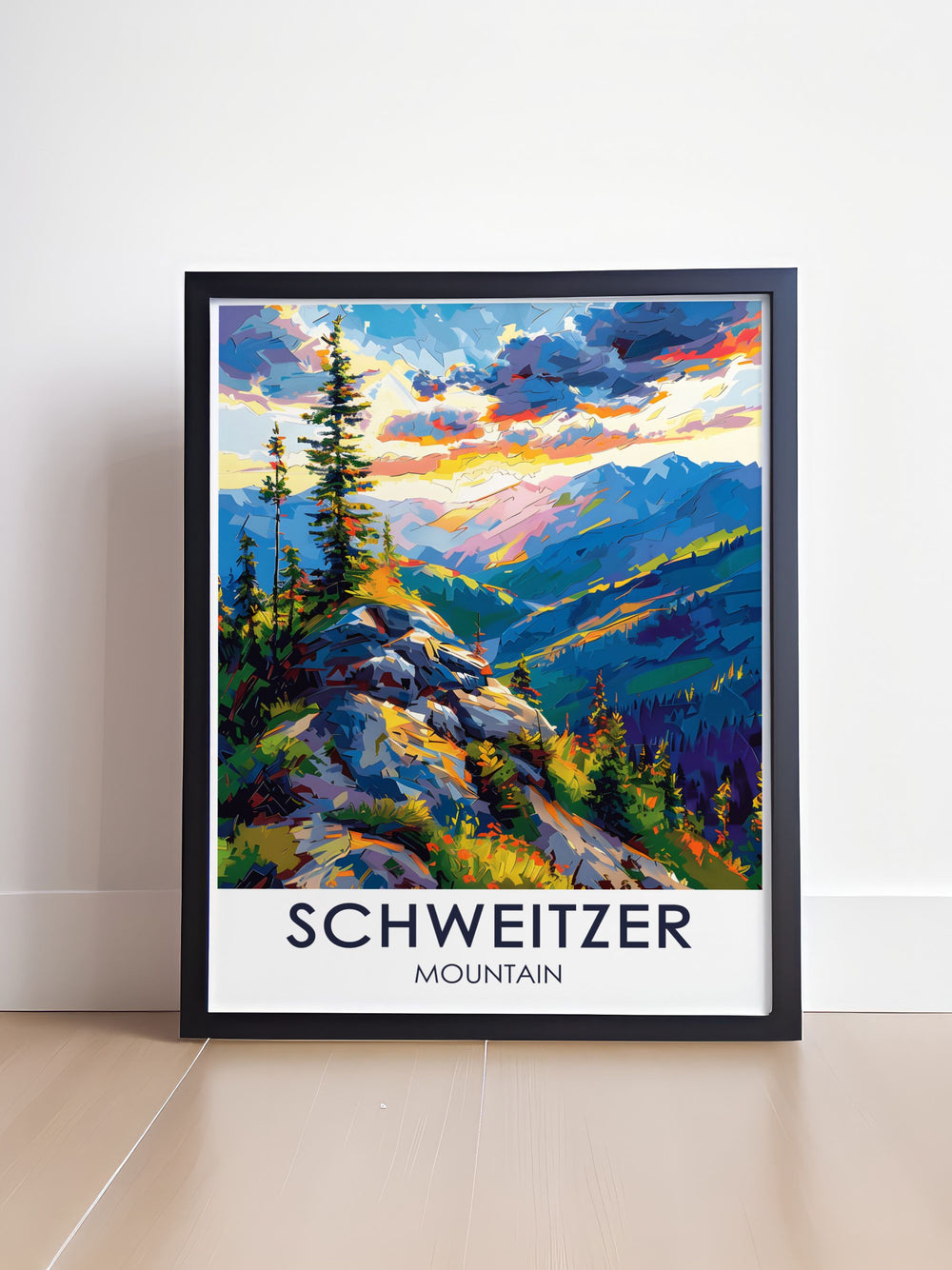 Vintage ski poster of Schweitzer Mountain summit, highlighting the expansive views and pristine snow, making it a unique addition to any modern wall decor.