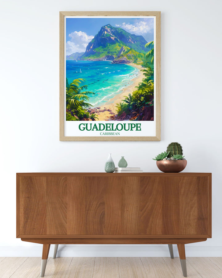 Celebrating the cultural vibrancy of Guadeloupe, this poster features landmarks and sites that reflect the islands rich history. Ideal for those who love exploring heritage, this artwork brings a piece of the Caribbeans past into your home.
