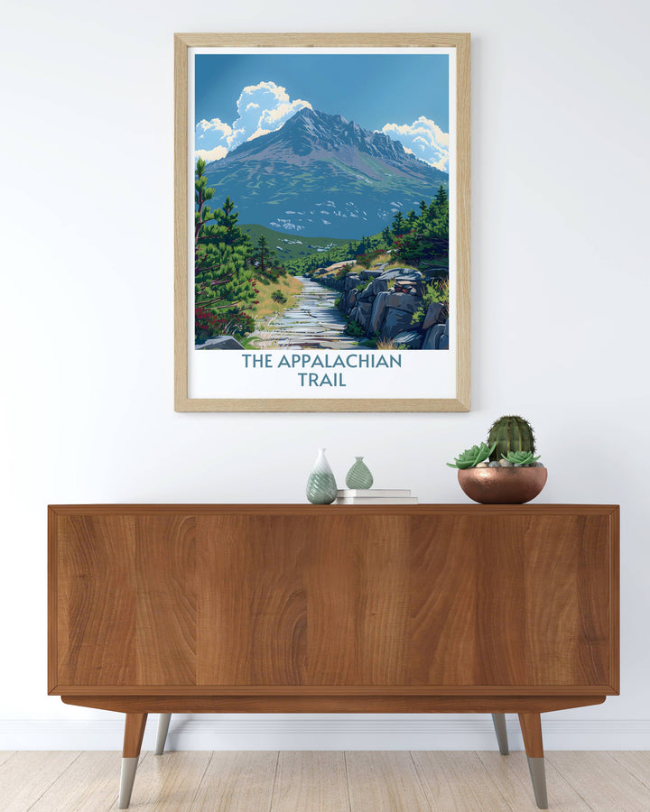 Experience the grandeur of Mount Katahdin through this vibrant print, showcasing the mountain in stunning clarity and color.