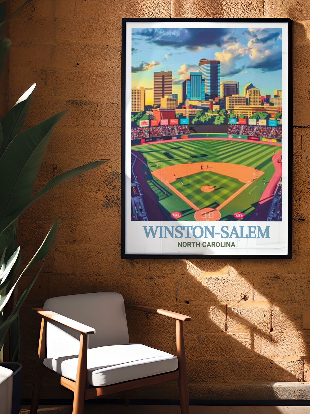 Winston Salem art print featuring BB&T Ballpark. This vibrant illustration captures the excitement and energy of the ballpark, making it a perfect addition to any sports enthusiasts collection. The detailed artwork showcases the ballparks architecture and lively atmosphere.