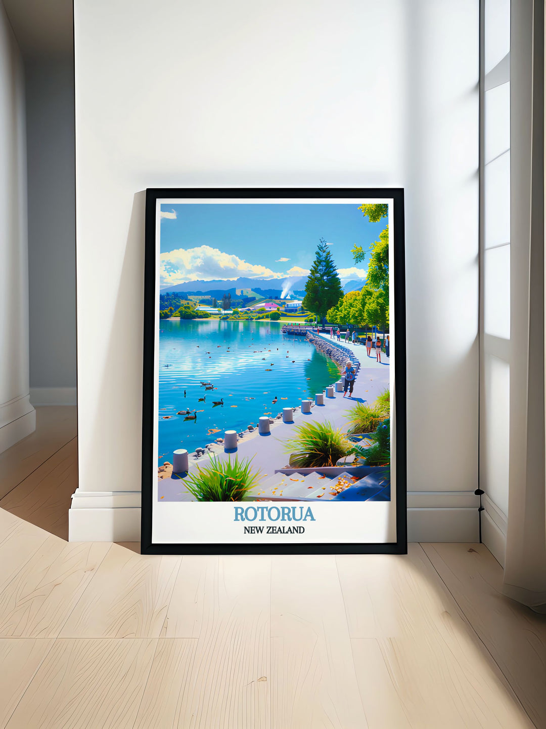 A stunning Lake Rotorua travel poster featuring the serene waters and vibrant landscapes of Rotorua New Zealand. Perfect for adding a touch of natural beauty to your home decor. Ideal for those who appreciate New Zealand art and want to bring the outdoors inside.