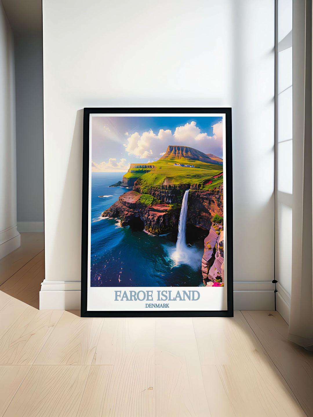 The serene beauty and majestic plunge of Múlafossur Waterfall are captured in this art print, perfect for adding a touch of the Faroe Islands charm to your home.