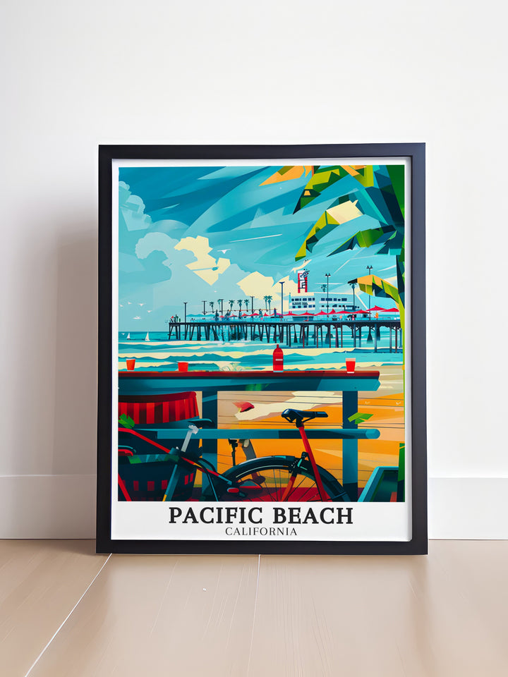 Add a coastal vibe to your home with this Pacific Beach travel print, featuring Crystal Pier and the iconic Boardwalk. A perfect piece for beach house decor, it brings the California coasts charm and beauty into your home.